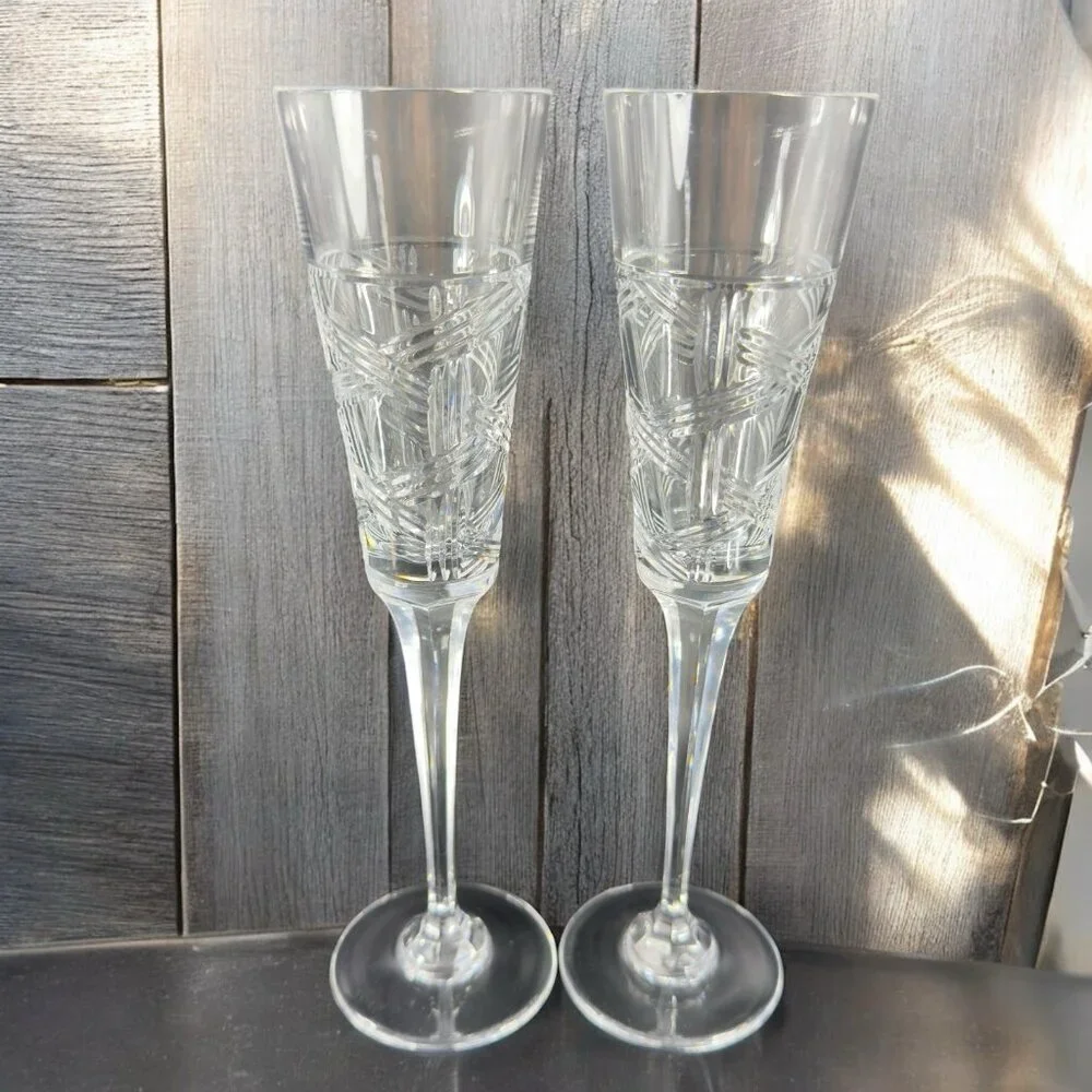 Mikasa Crystal Cross Track Clear Tall Crystal Glass Flute Drinking Glasses Set 2
